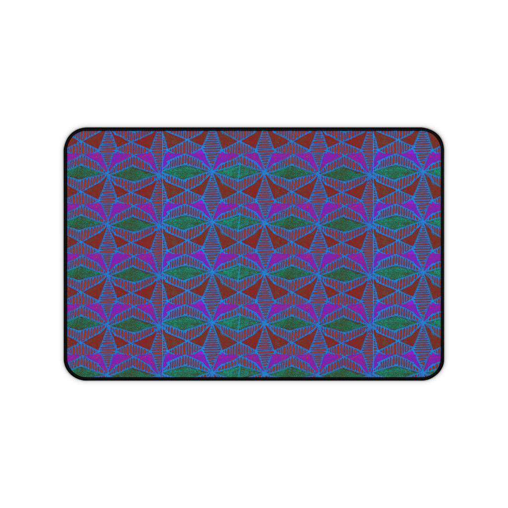 Geometric Neon Wave Desk Mat — Retro Purple & Teal Gamer Desk Pad, gaming desk mat shown in a compact size with vibrant angular pattern.