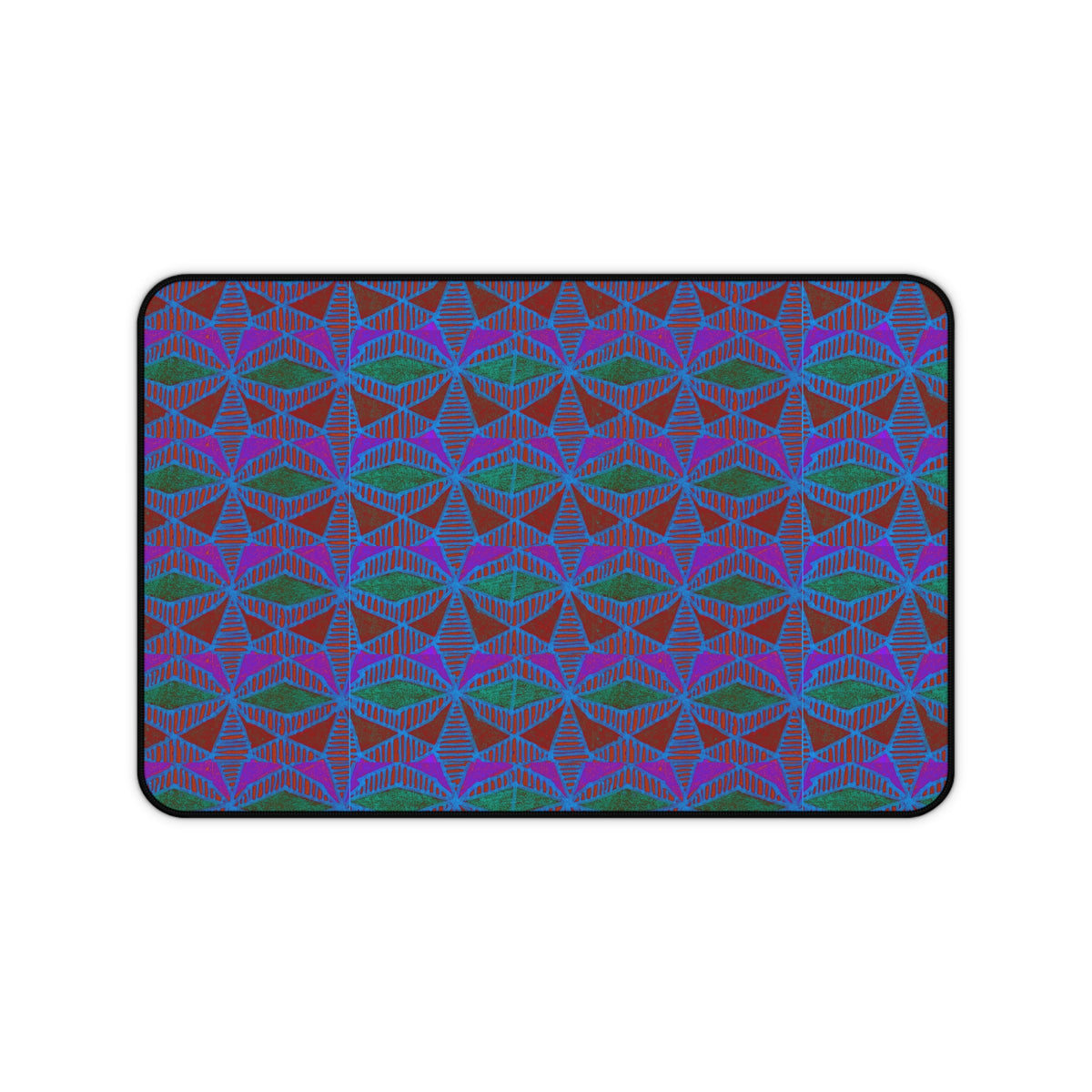 Geometric Neon Wave Desk Mat — Retro Purple & Teal Gamer Desk Pad, gaming desk mat shown in a compact size with vibrant angular pattern.