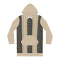 Bohemian Stripe Hoodie Dress — Cozy Beige AOP Pullover for Fall, front view of a cozy pullover dress with tribal-inspired vertical stripes, kangaroo pocket, adjustable hood, and white drawstring