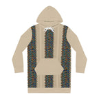 Bohemian Stripe Hoodie Dress — Cozy Beige AOP Pullover for Fall, front view of a cozy pullover dress with tribal-inspired vertical stripes, kangaroo pocket, adjustable hood, and white drawstring