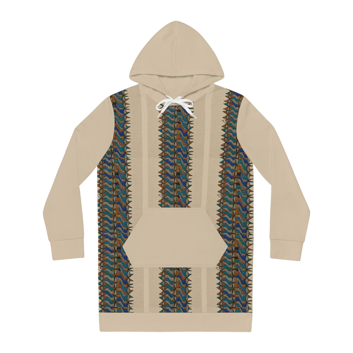 Bohemian Stripe Hoodie Dress — Cozy Beige AOP Pullover for Fall, front view of a cozy pullover dress with tribal-inspired vertical stripes, kangaroo pocket, adjustable hood, and white drawstring