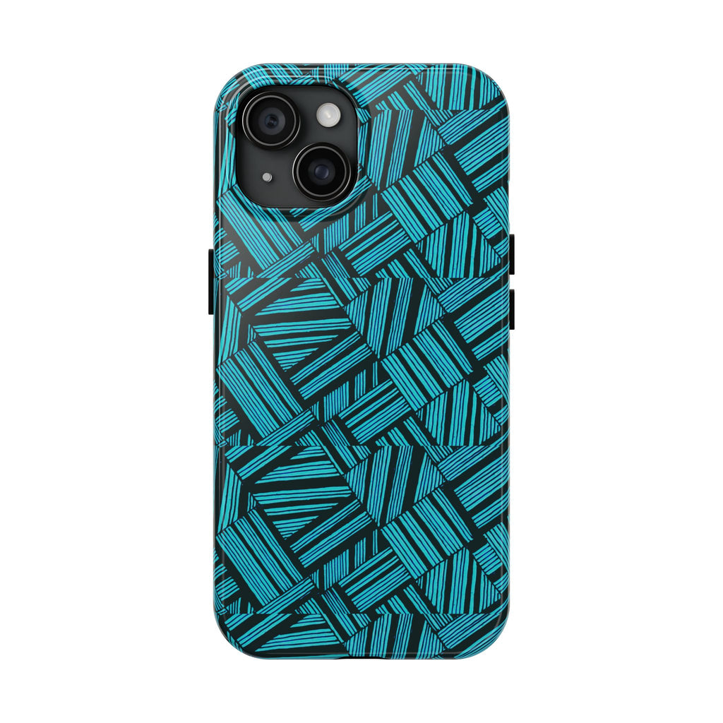 Teal Geometric Tough Phone Case — Durable Protective Phone Case with Modern Stripe Pattern, close-up rear view of a shockproof iphone 18 pro max case
