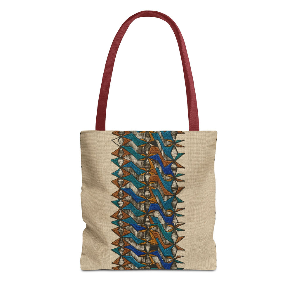 Boho Geometric Everyday Patterned Canvas Tote Bag With Reinforced Handles, 3 Sizes, shown with a blue and tan geometric print and red reinforced handles. Patterned canvas tote styled as an art tote, beige bag, bohemian bag, boho tote, canvas tote, eco shopping bag, everyday tote, gift for her, market bag, neutral tote, printed tote, summer tote, and tribal tote.