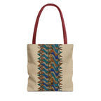 Boho Geometric Everyday Patterned Canvas Tote Bag With Reinforced Handles, 3 Sizes, shown with a blue and tan geometric print and red reinforced handles. Patterned canvas tote styled as an art tote, beige bag, bohemian bag, boho tote, canvas tote, eco shopping bag, everyday tote, gift for her, market bag, neutral tote, printed tote, summer tote, and tribal tote.