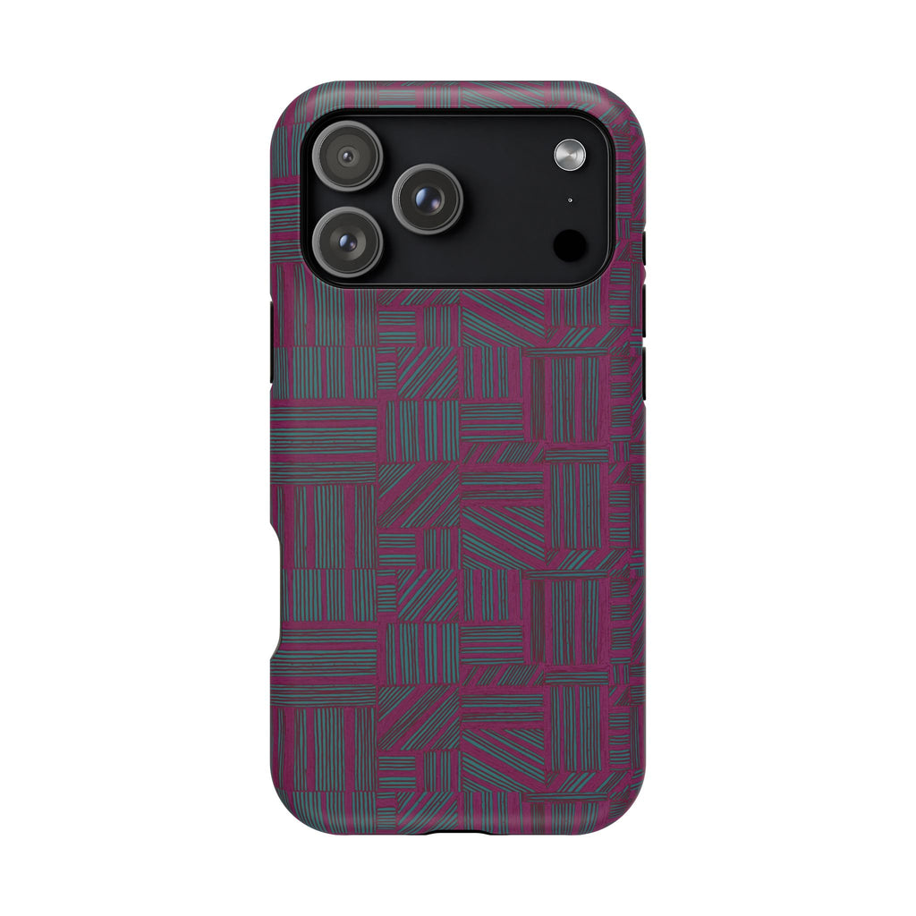 Slim Protective Phone Case With MagSafe, Dual-Layer Impact Protection, Plum Geometric Design, shown from the rear with a multi-lens camera cutout; slim protective iphone 16 promax  case.