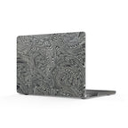 Gray Marble Swirl MacBook Case — Matte Abstract Laptop Cover showcasing a mesmerizing swirling gray and black pattern, illustrating a stylish matte laptop cover for artistic protection.
