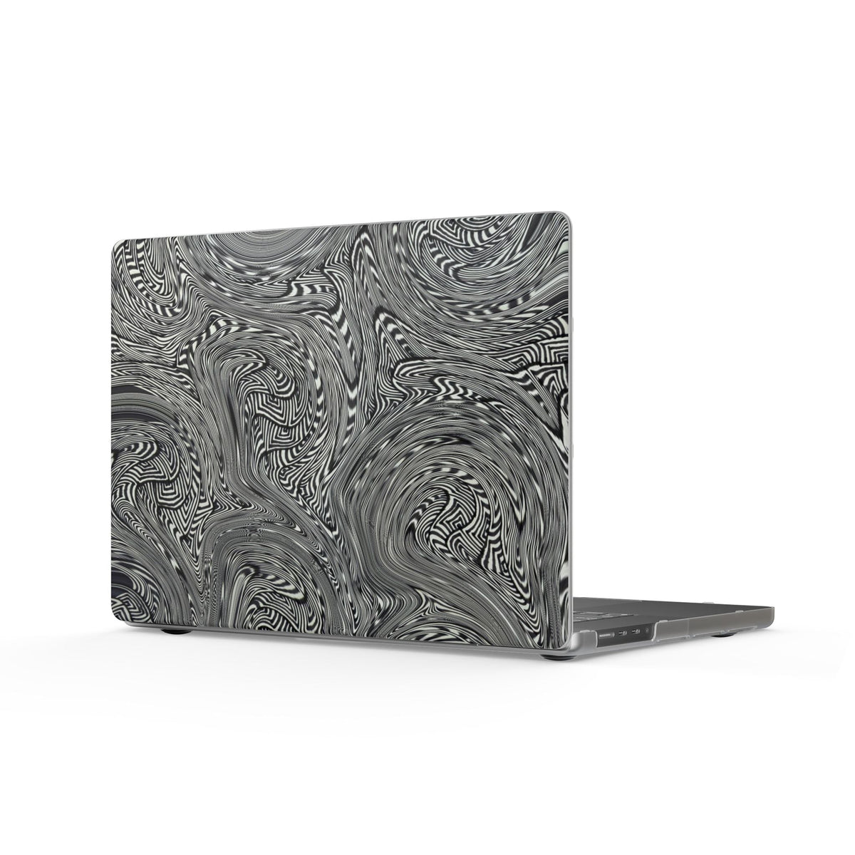 Gray Marble Swirl MacBook Case — Matte Abstract Laptop Cover showcasing a mesmerizing swirling gray and black pattern, illustrating a stylish matte laptop cover for artistic protection.