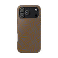 Tough Phone Case — Geometric Maze Brown Protective Cover, wireless charging iphone 18 pro max case shown from the rear with triple-camera cutout.