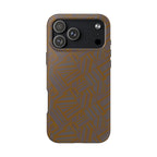 Tough Phone Case — Geometric Maze Brown Protective Cover, wireless charging iphone 18 pro max case shown from the rear with triple-camera cutout.