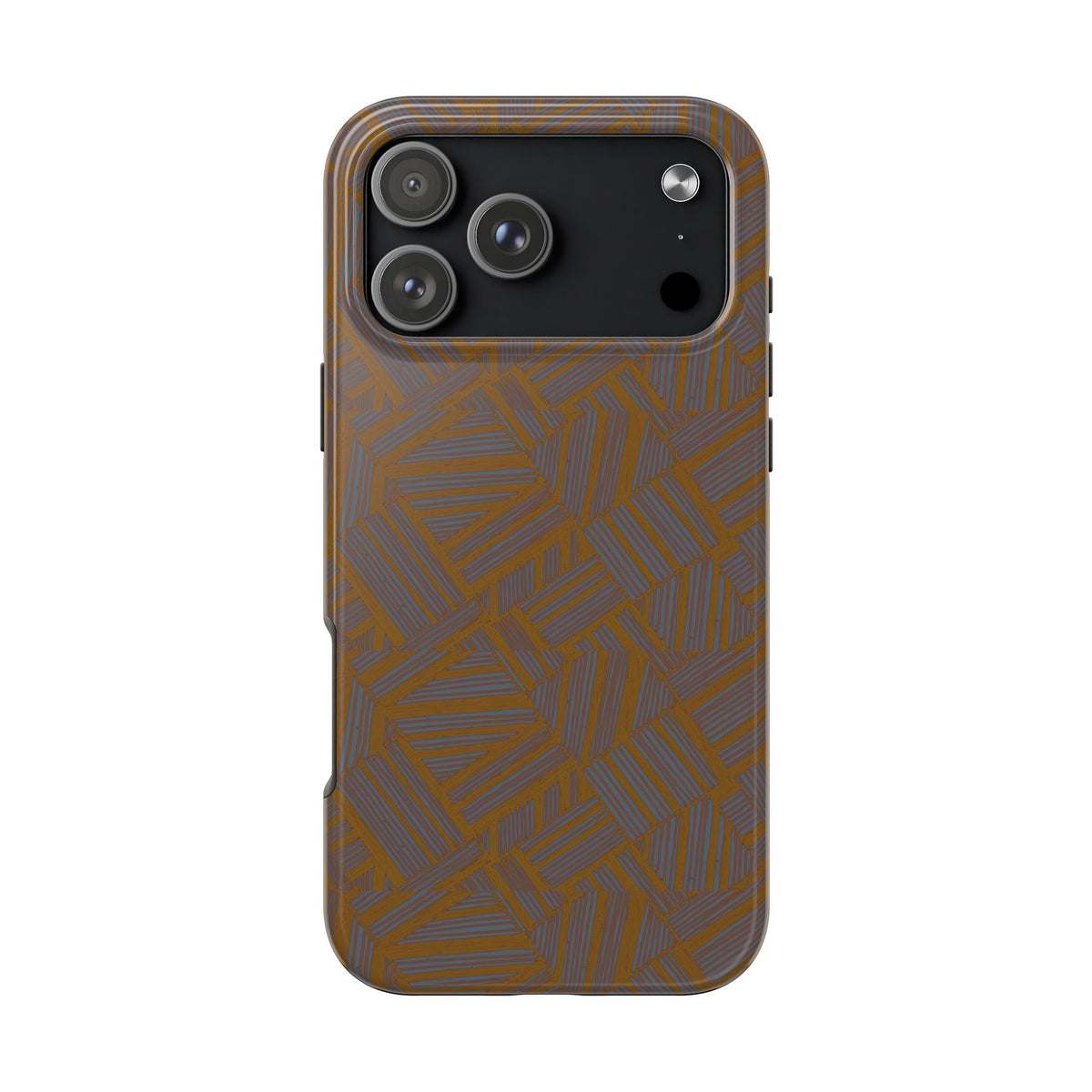 Tough Phone Case — Geometric Maze Brown Protective Cover, wireless charging iphone 18 pro max case shown from the rear with triple-camera cutout.