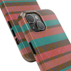 Striped Tribal Tough Phone Case — Retro Teal & Coral Protective Cover with side profile and camera cutout shown as a fractyl shockproof iphone 17 pro case