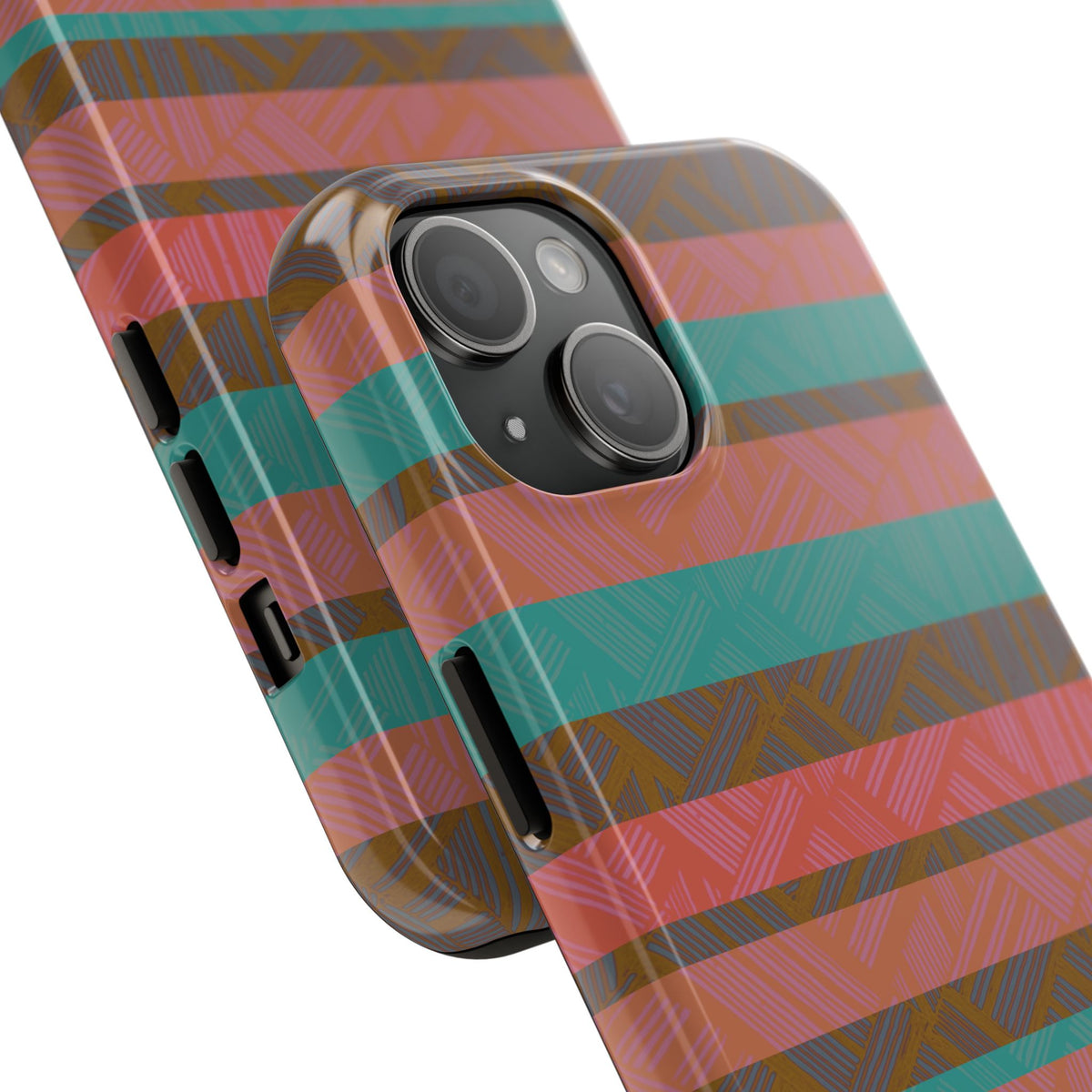 Striped Tribal Tough Phone Case — Retro Teal & Coral Protective Cover with side profile and camera cutout shown as a fractyl shockproof iphone 17 pro case