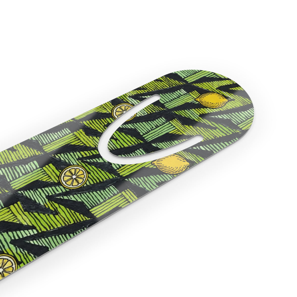 Lemon Geometric Metal Bookmark — Green Patterned Page Marker