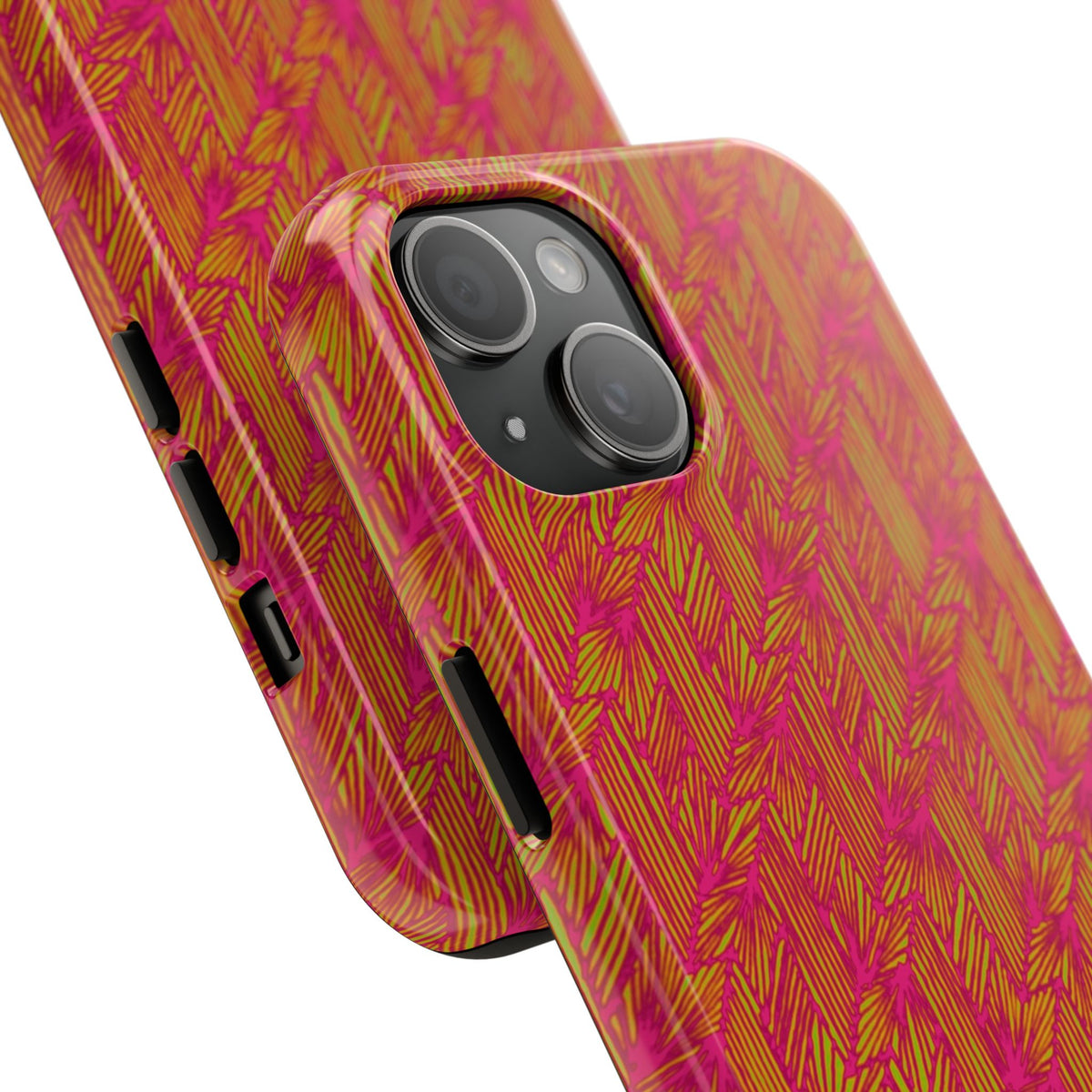 Tough Phone Case — Vibrant Tropical Herringbone Pattern, impact resistant iphone 17 case shown on a desk beside a laptop and notebook
