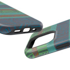 Green Geometric Stripe Phone Case — Impact-Resistant, wireless charging iphone 16 pro max case with teal, forest green, and warm brown geometric stripes.