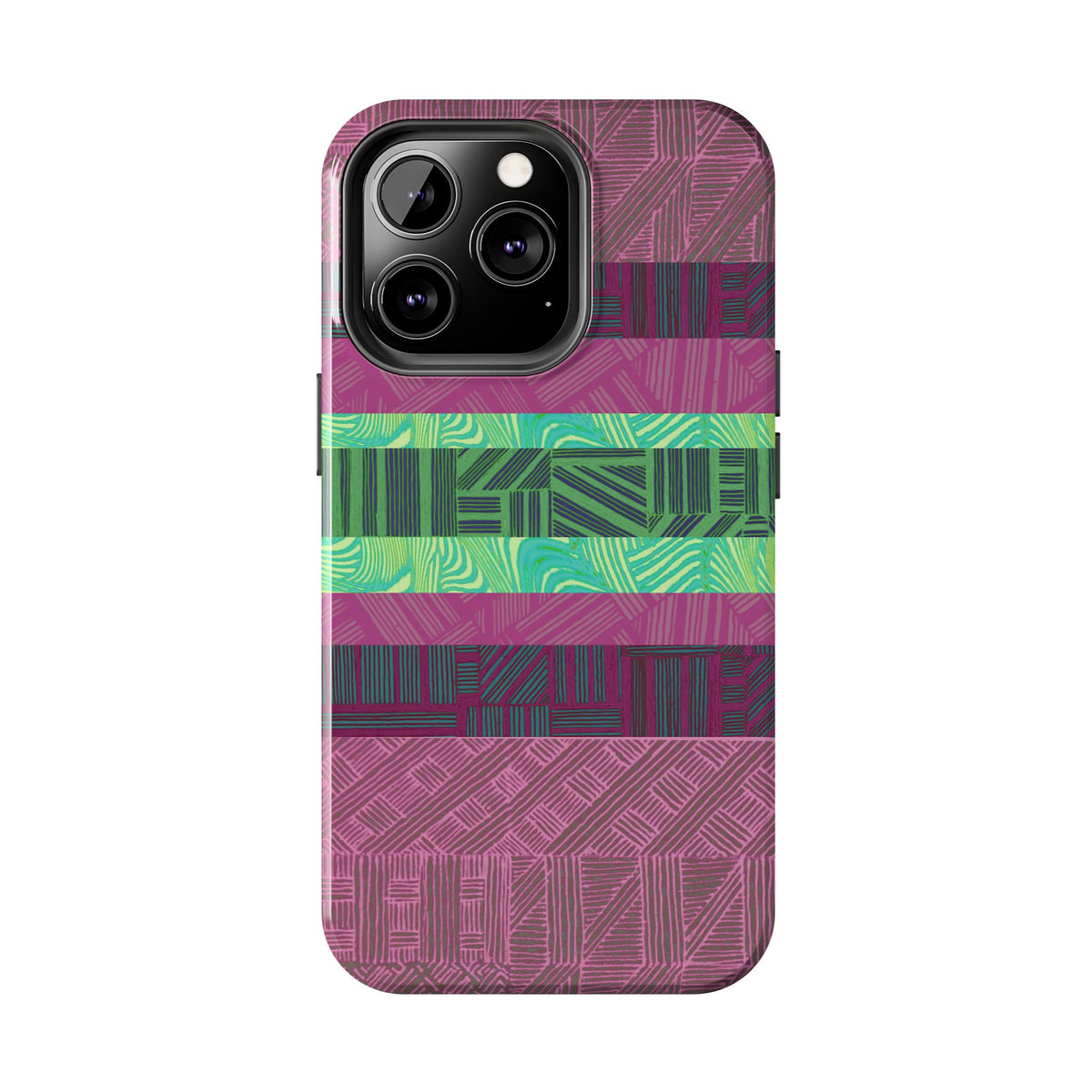 Fractyl glossy protective iphone 18 pro max case, Geometric Stripes Tough Phone Case — Purple & Teal Tribal Pattern, colorful full-back design