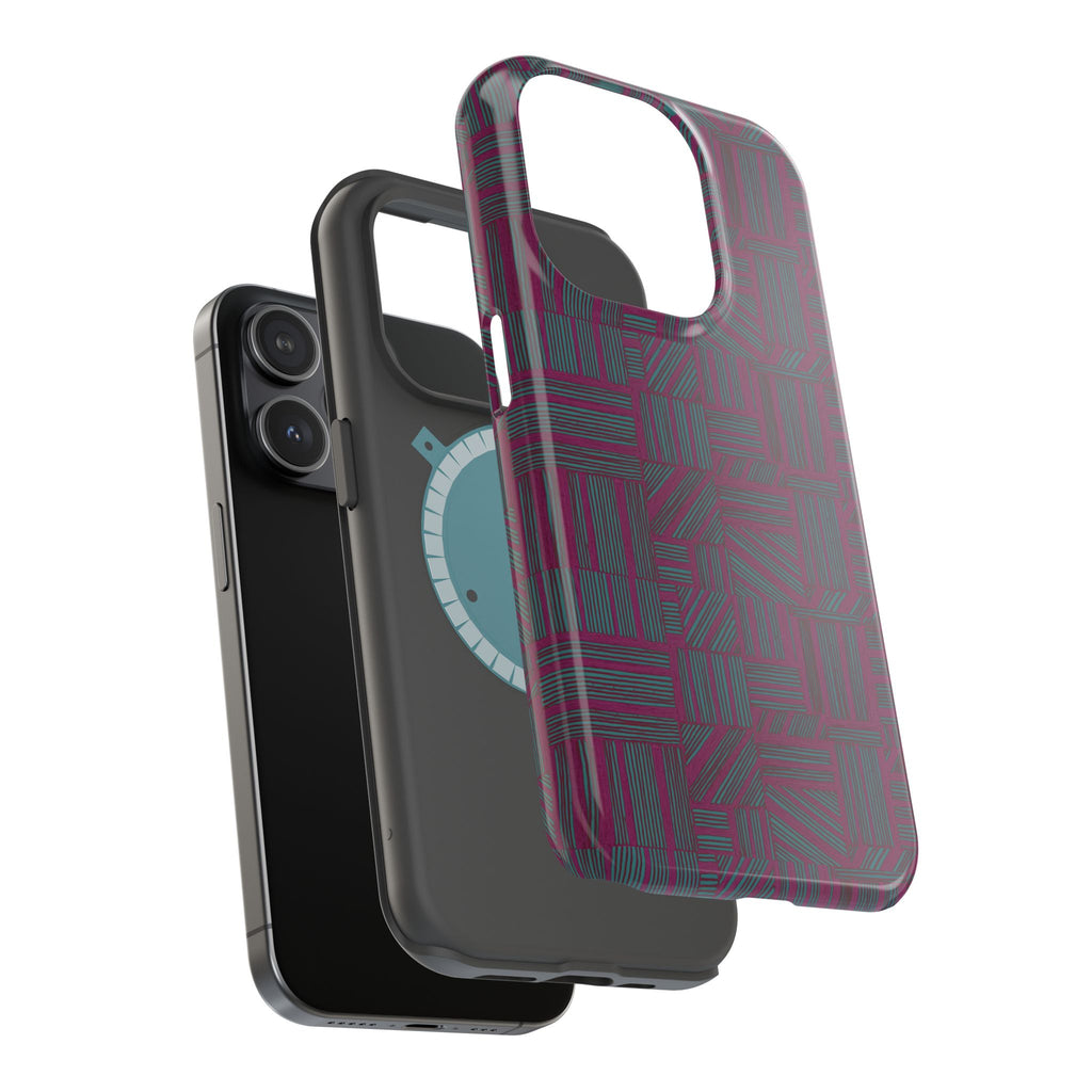 Slim Protective Phone Case With MagSafe, Dual-Layer Impact Protection, Plum Geometric Design, detailed view of the protective shell interior, raised edges, and camera opening; slim protective iphone 16 promax  case.