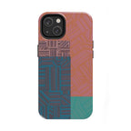 Abstract Geometric Tough Phone Case — Retro Block Pattern, retro iphone 18 pro max case shown in a stylish terracotta, teal, and slate blue geometric design.