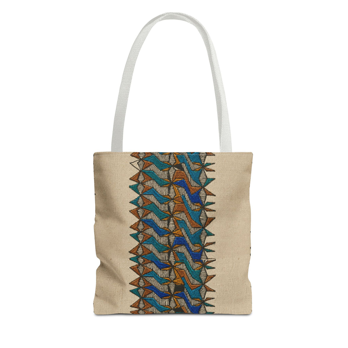 Boho Geometric Everyday Patterned Canvas Tote Bag With Reinforced Handles, 3 Sizes, featuring a blue and tan geometric design with white handles. Patterned canvas tote with art tote, beige bag, bohemian bag, boho tote, canvas tote, eco shopping, everyday tote, gift for her, market bag, neutral tote, printed tote, summer tote, and tribal tote appeal.