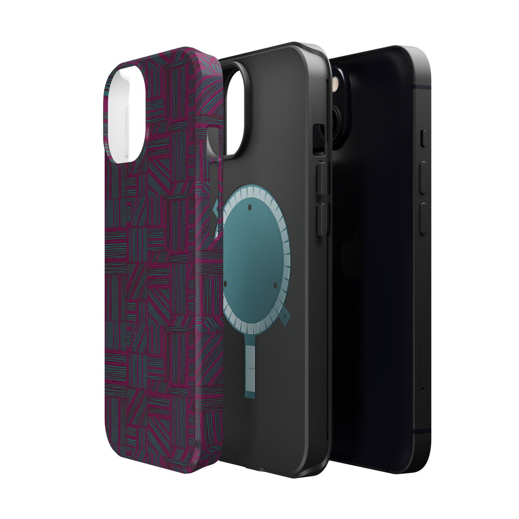 Slim Protective Phone Case With MagSafe, Dual-Layer Impact Protection, Plum Geometric Design, standing phone case photographed on a light wood table; slim protective iphone 16 promax  case.