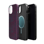 Slim Protective Phone Case With MagSafe, Dual-Layer Impact Protection, Plum Geometric Design, standing phone case photographed on a light wood table; slim protective iphone 16 promax  case.