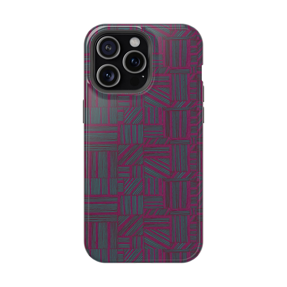 Slim Protective Phone Case With MagSafe, Dual-Layer Impact Protection, Plum Geometric Design, close rear view highlighting the woven plum pattern; slim protective iphone 16 promax  case.