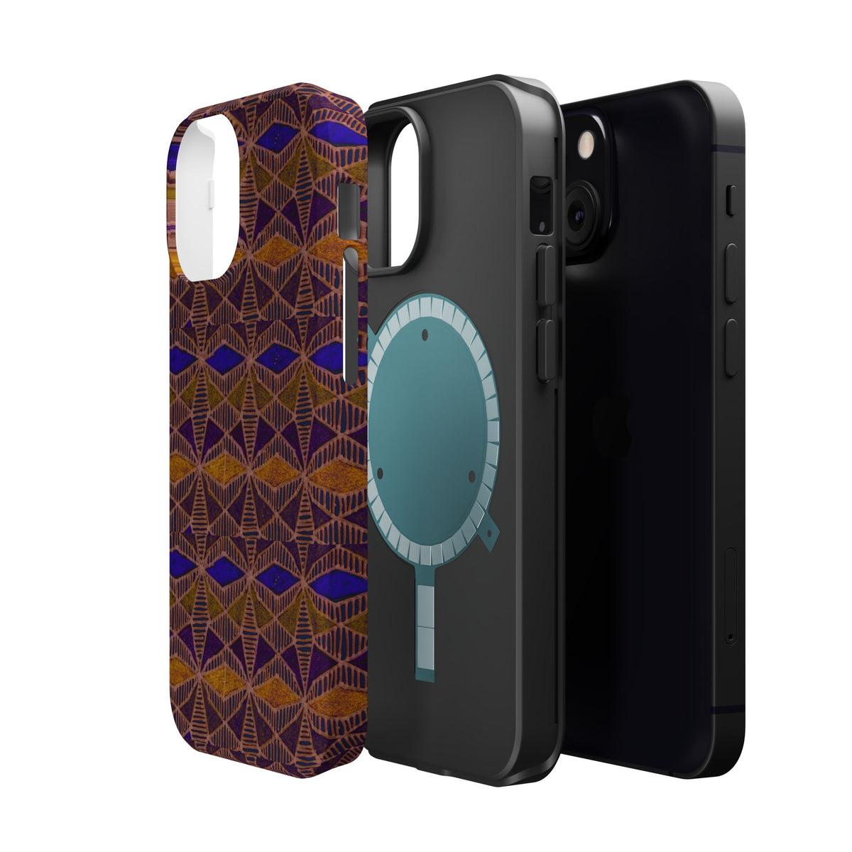 Phone Case — Geometric Tribal Pattern Magnetic Impact-Resistant Case, Fractyl impact resistant iphone 16 pro case displaying an elegant purple and amber tribal pattern.