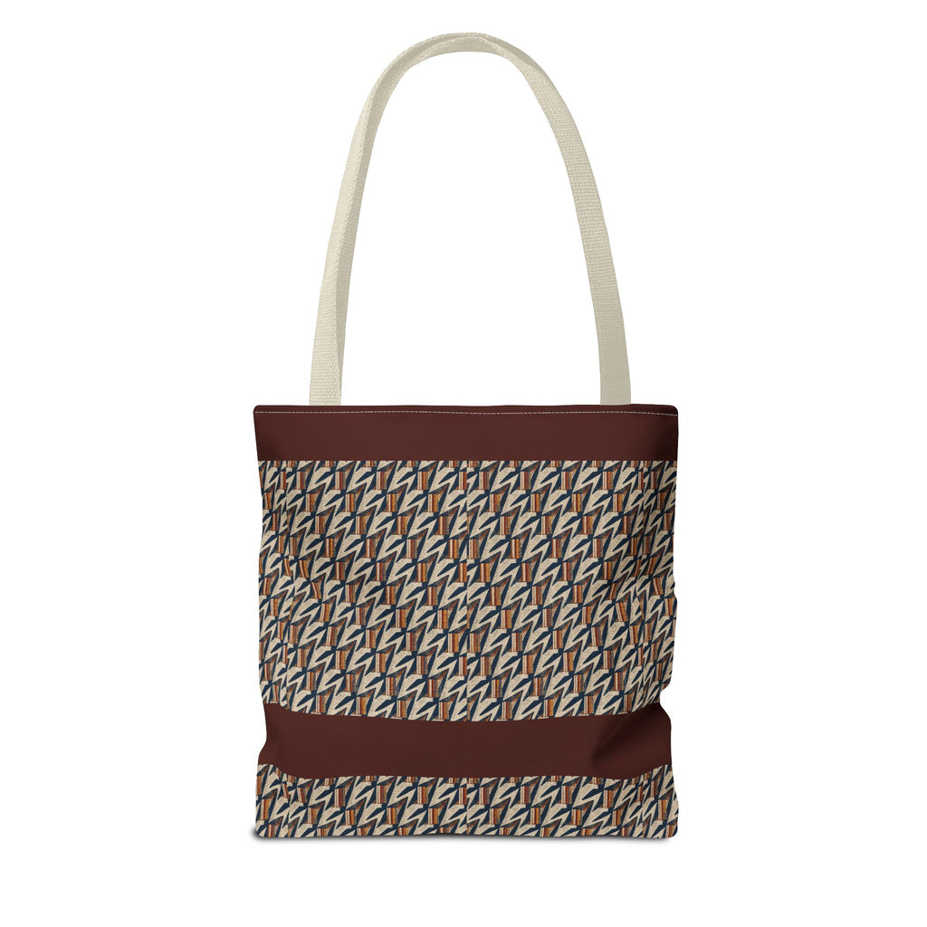 Geometric Retro Stripe Tote Bag – Vintage Brown Patterned AOP Tote with cream handles and brown stripe, large everyday cotton tote