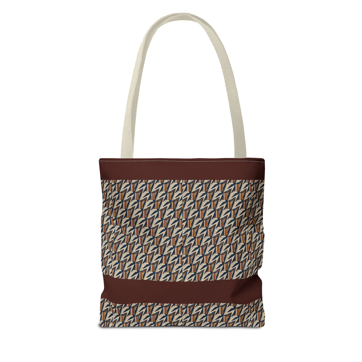 Geometric Retro Stripe Tote Bag – Vintage Brown Patterned AOP Tote with cream handles and brown stripe, large everyday cotton tote