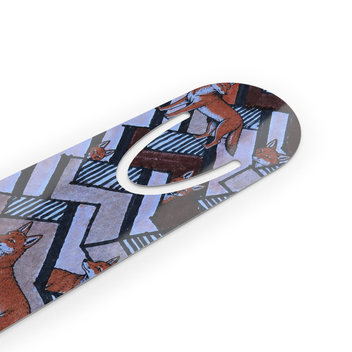 Horse Pattern Metal Bookmark – Geometric Fox & Pony Design, angled view of a vibrant geometric fox foxy page marker with rounded edges