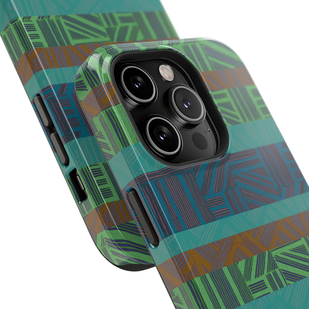 Green Geometric Stripe Phone Case — Impact-Resistant, wireless charging iphone 16 pro max case displayed in an angled close-up product view.