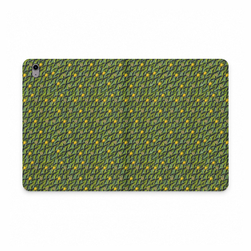 Green Botanical Pattern Tablet Folio Case, a vegan leather tablet case with repeating leafy artwork and single camera cutout