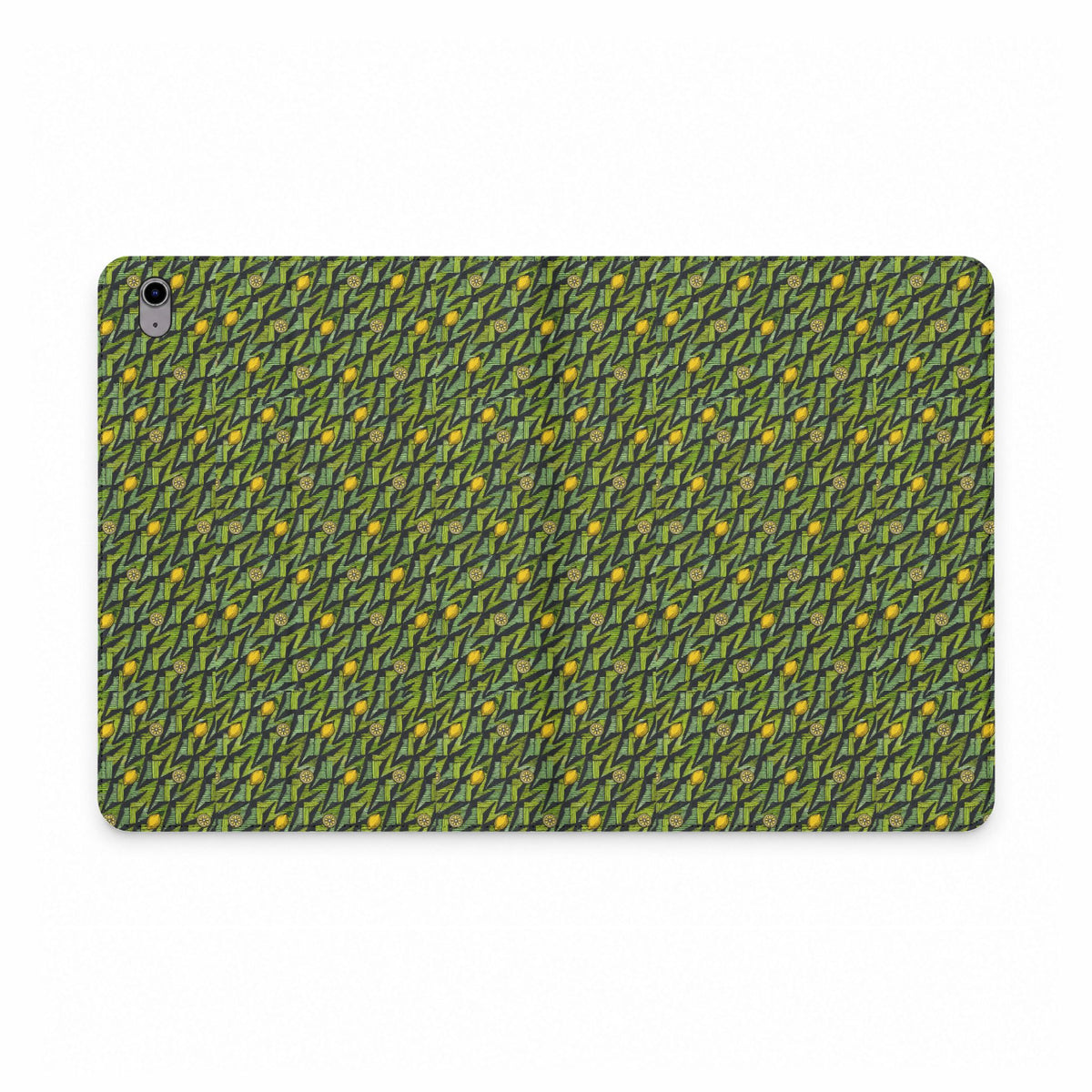 Green Botanical Pattern Tablet Folio Case, a vegan leather tablet case with repeating leafy artwork and single camera cutout