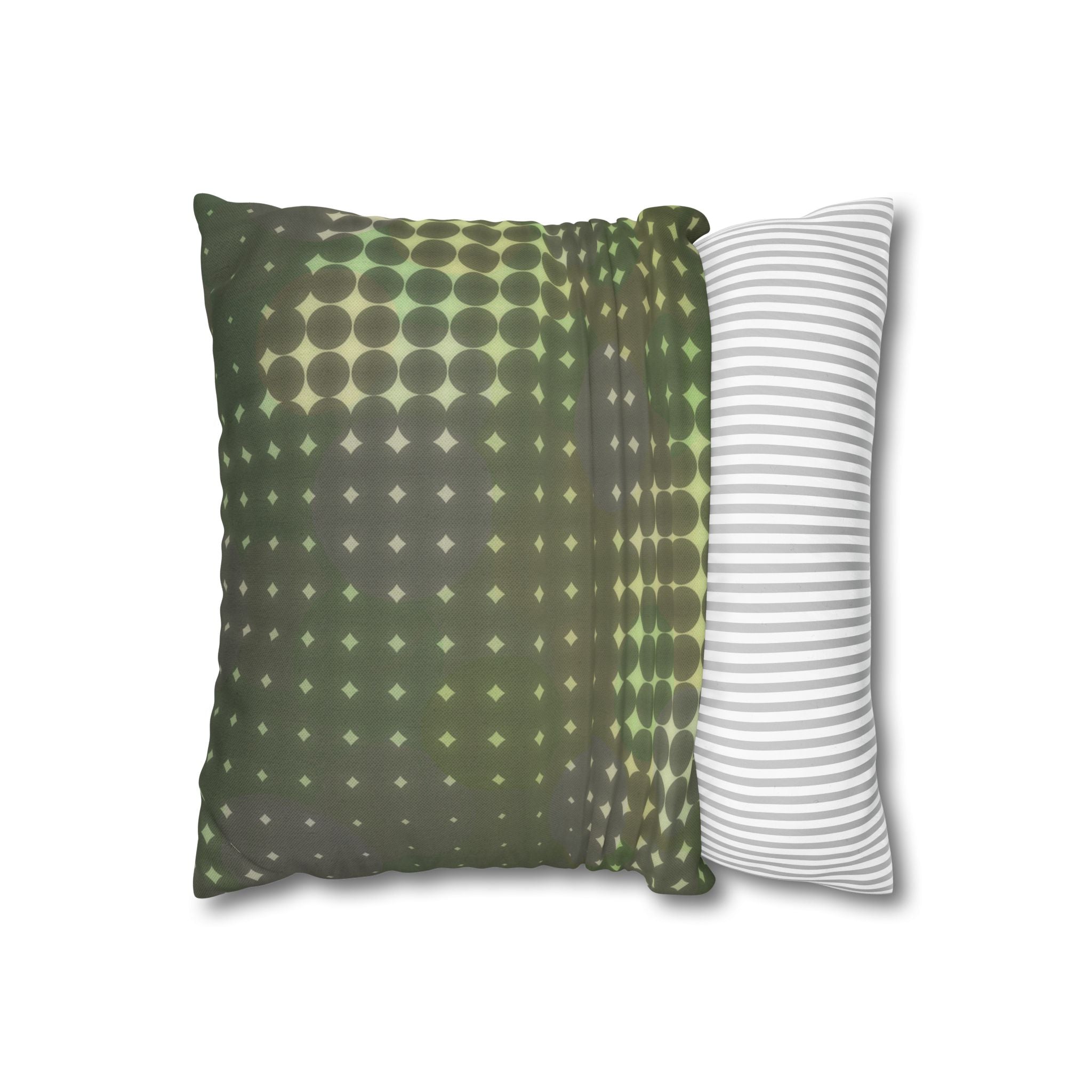 Green Retro Dot Pattern Pillowcase — Spun Polyester Square Pillow Cover featuring a double-sided pattern with a dotted design on one side and a striped pattern on the reverse side.