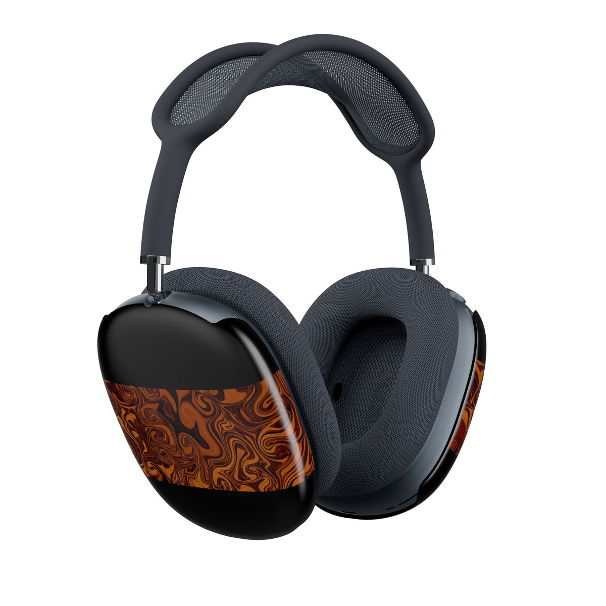 AirPods Max Lightweight Shell Case - Brown Swirl Marble Stripe, Scratch-Resistant, Durable Protection shown on black headphones; Apple Airpods Max 2 lightweight shell with stylish amber marble design.