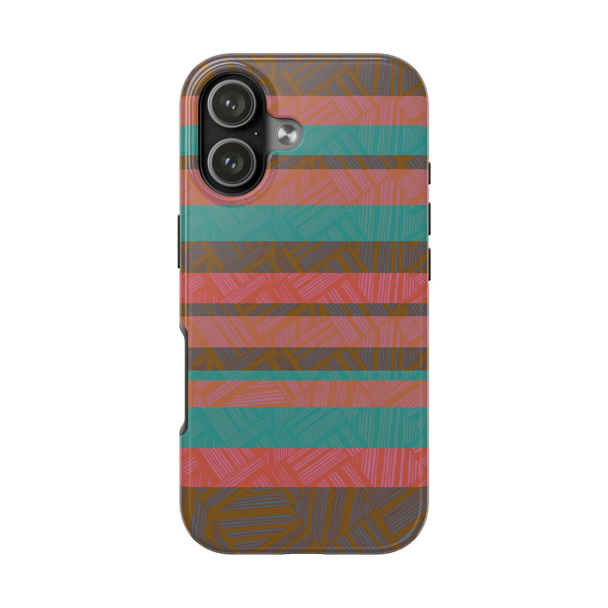 Striped Tribal Tough Phone Case — Retro Teal & Coral Protective Cover with horizontal coral and teal bands on a fractyl shockproof iphone 17 pro case