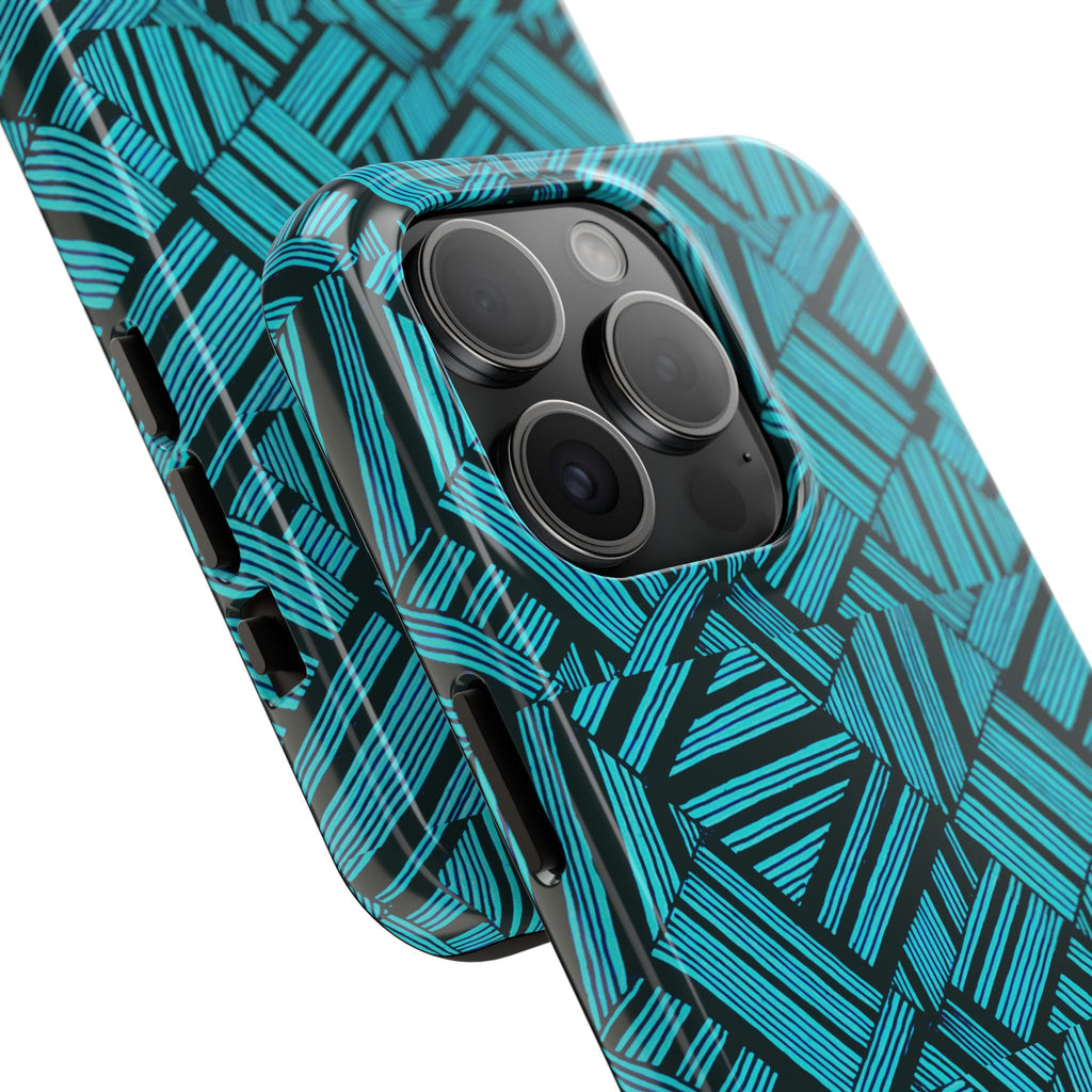 Teal Geometric Tough Phone Case — Durable Protective Phone Case with Modern Stripe Pattern, bottom-edge detail of a shockproof iphone 18 pro max case