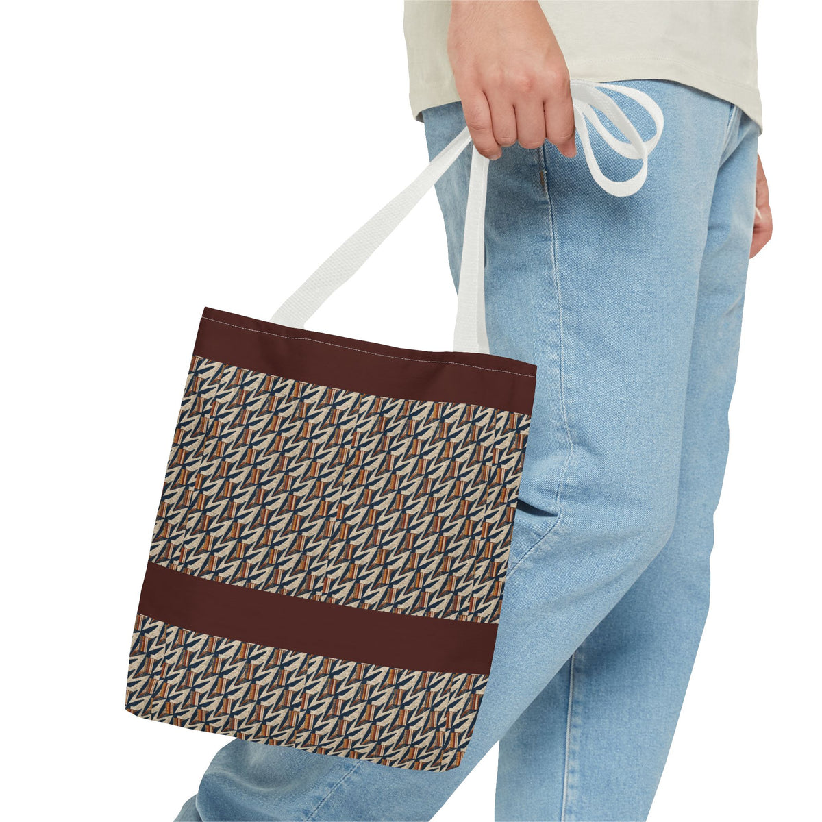 Geometric Retro Stripe Tote Bag – Vintage Brown Patterned AOP Tote carried with white straps, large everyday cotton tote for casual errands