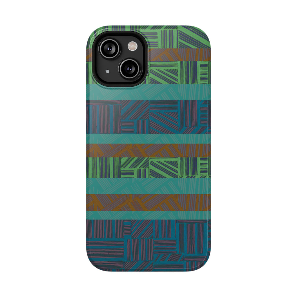 Green Geometric Stripe Phone Case — Impact-Resistant, wireless charging iphone 16 pro max case fitted to a compact dual-camera phone.