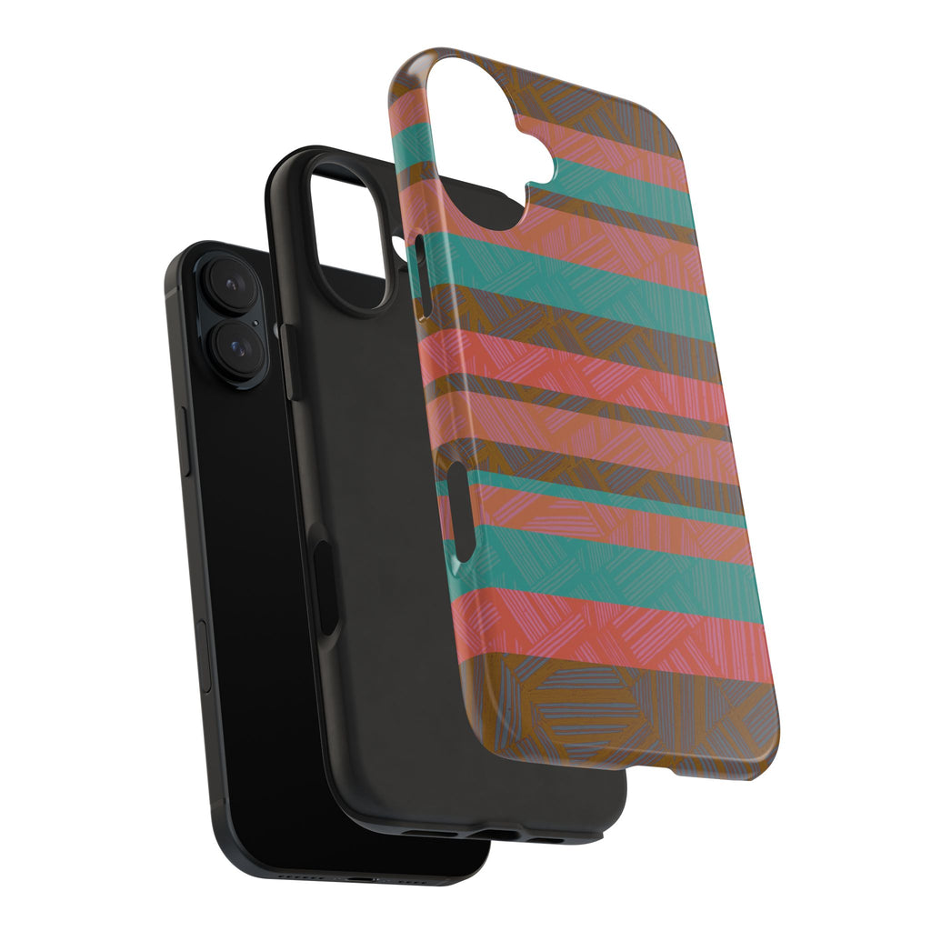Striped Tribal Tough Phone Case — Retro Teal & Coral Protective Cover shown in an exploded product view with protective black liner for a fractyl shockproof iphone 17 pro case