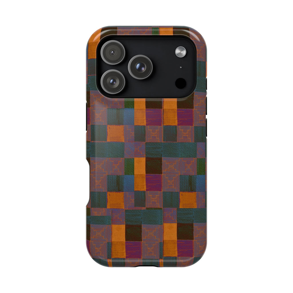 Impact-Resistant Phone Case — Retro Checkerboard Pattern, Fractyl wireless charging iphone 18 pro case with a durable wraparound shell and artistic vintage palette.