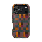Impact-Resistant Phone Case — Retro Checkerboard Pattern, Fractyl wireless charging iphone 18 pro case with a durable wraparound shell and artistic vintage palette.