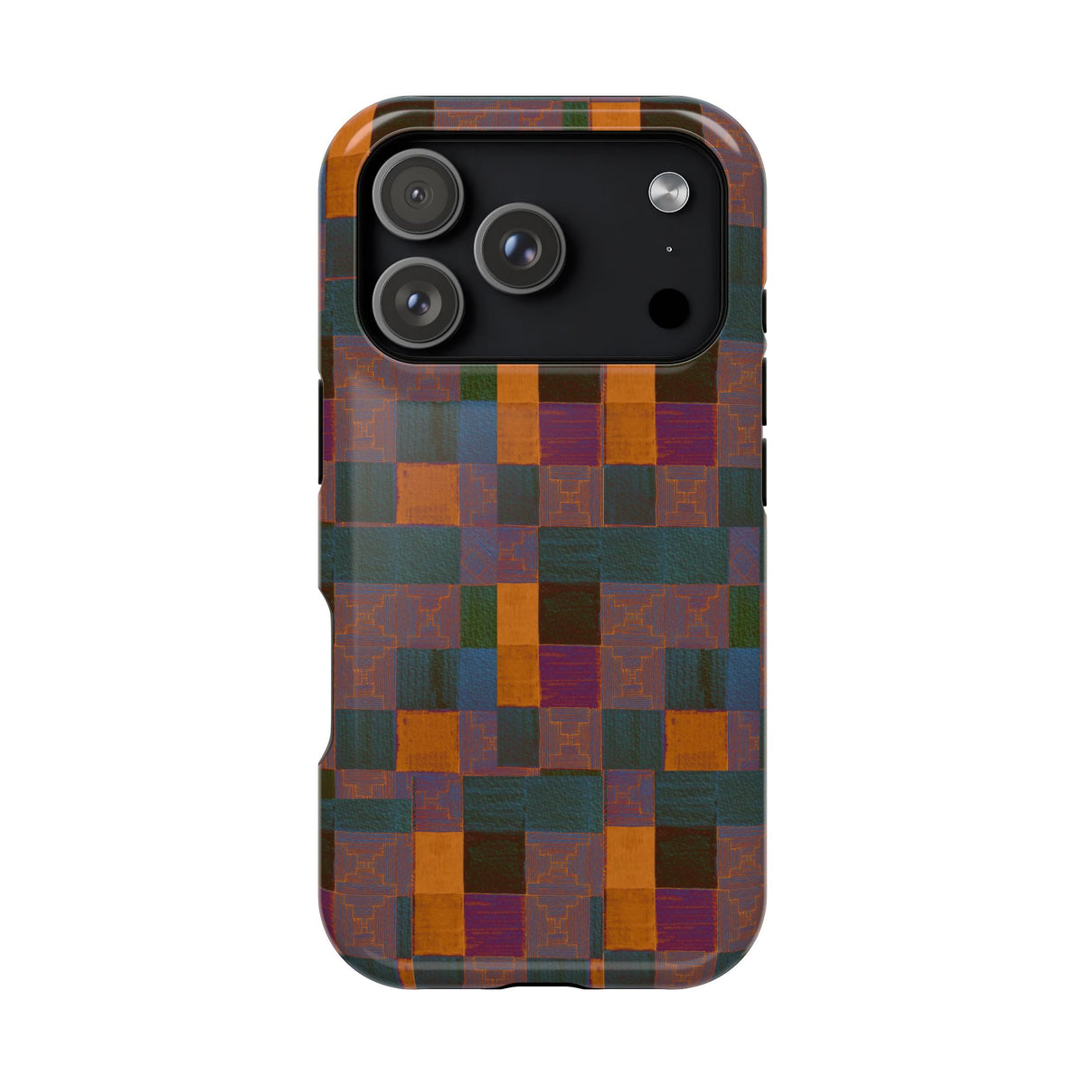 Impact-Resistant Phone Case — Retro Checkerboard Pattern, Fractyl wireless charging iphone 18 pro case with a durable wraparound shell and artistic vintage palette.