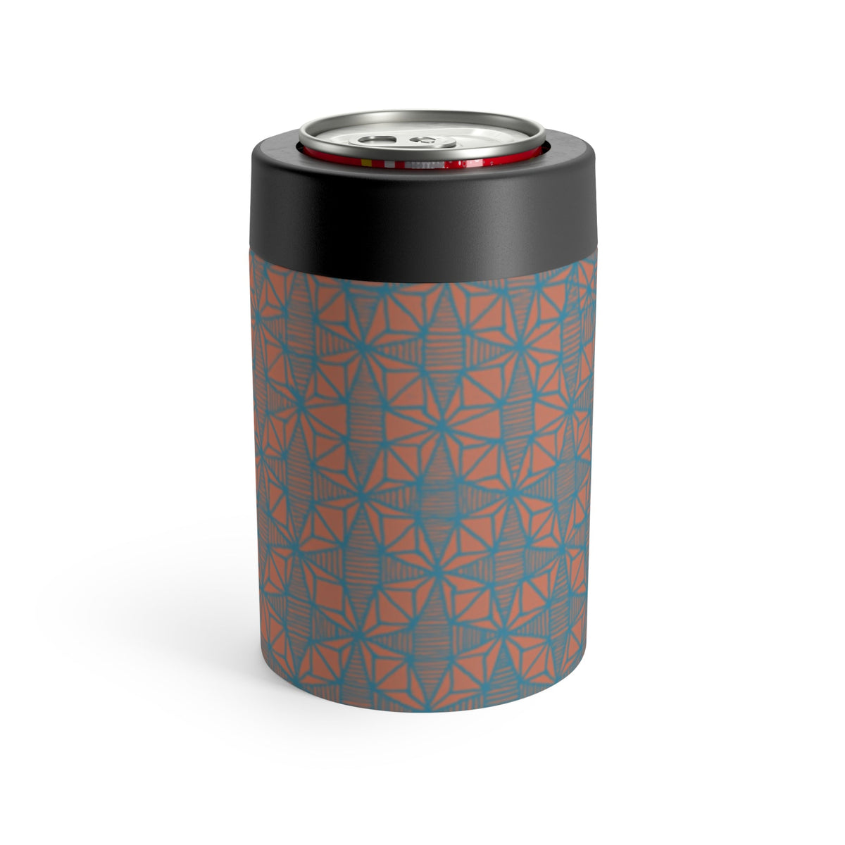 Side angle of the Geometric Coral Blue Can Cooler, featuring its vacuum-insulated technology. A must-have sweat-free drink holder for any casual occasion.