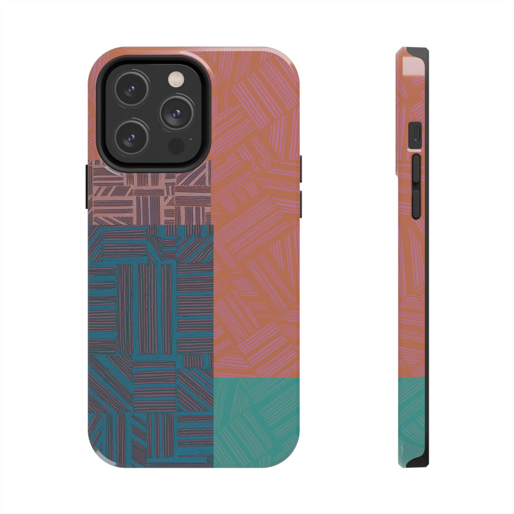 Abstract Geometric Tough Phone Case — Retro Block Pattern, retro iphone 18 pro max case resting on a wooden desk in a stylish everyday-carry setting.