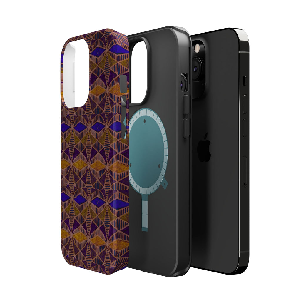 Phone Case — Geometric Tribal Pattern Magnetic Impact-Resistant Case, Fractyl impact resistant iphone 16 pro case floating in a modern lifestyle scene with vivid tribal artwork.