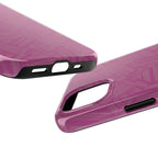 Magenta Geo Pattern Tough Phone Case — Protective Floral-Style Abstract Design, wireless charging iphone 18 pro case shown in a close-up angled view.