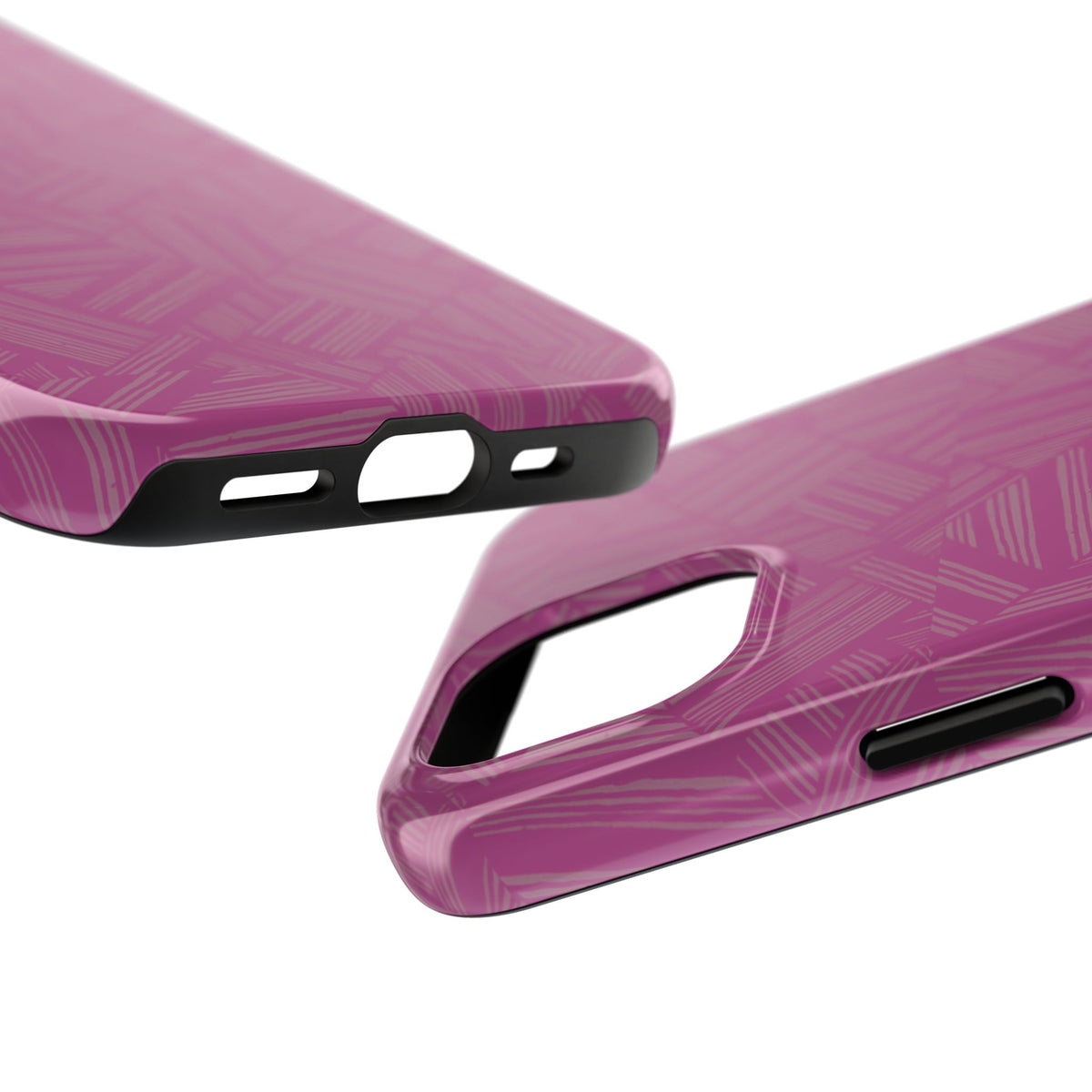 Magenta Geo Pattern Tough Phone Case — Protective Floral-Style Abstract Design, wireless charging iphone 18 pro case shown in a close-up angled view.