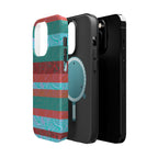 Striped Teal & Coral Magnetic Impact Phone Case camera opening and protective rim, Fractyl magsafe compatible iphone 18 pro max case