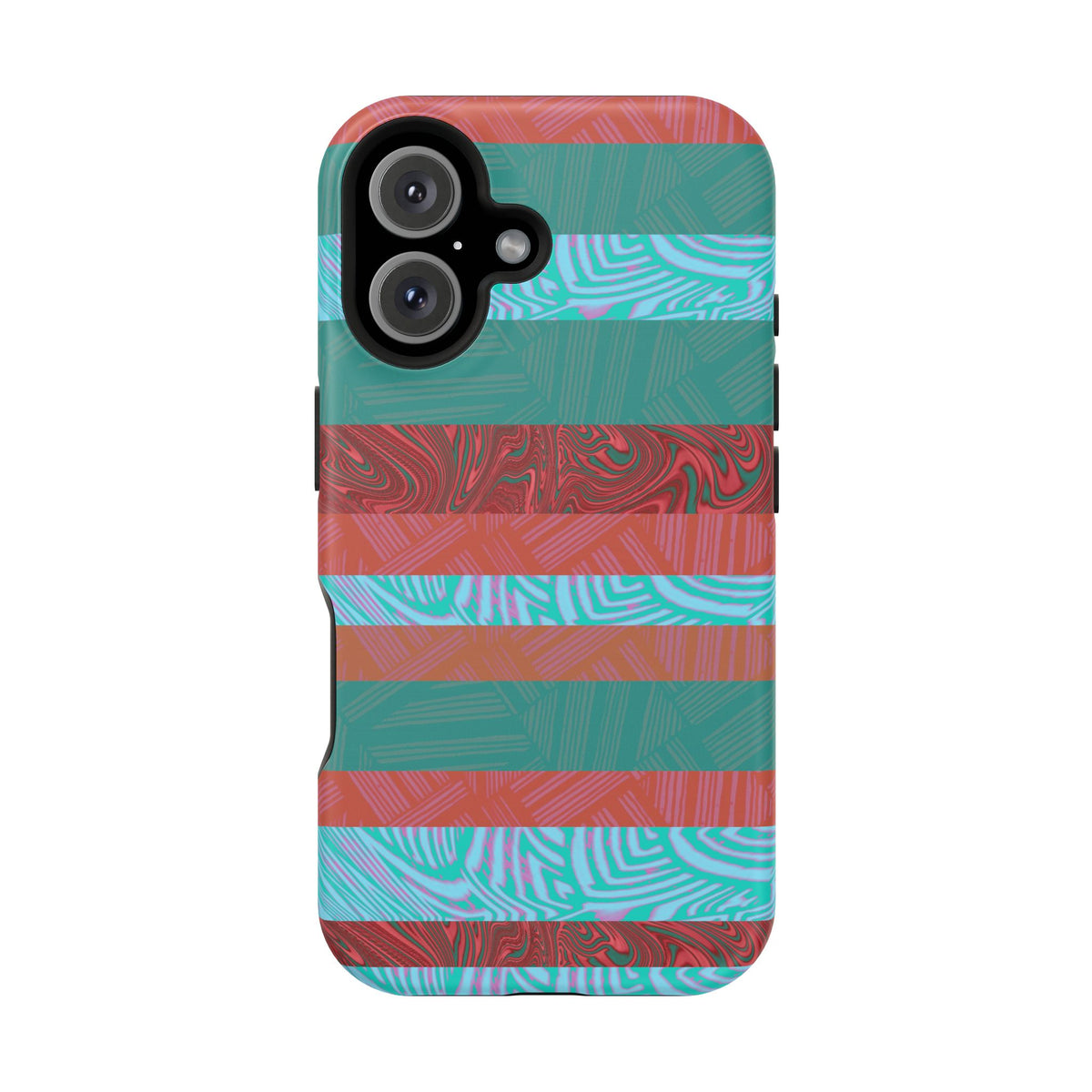 Striped Teal & Coral Magnetic Impact Phone Case back view with bold horizontal stripes, Fractyl magsafe compatible iphone 18 pro max case